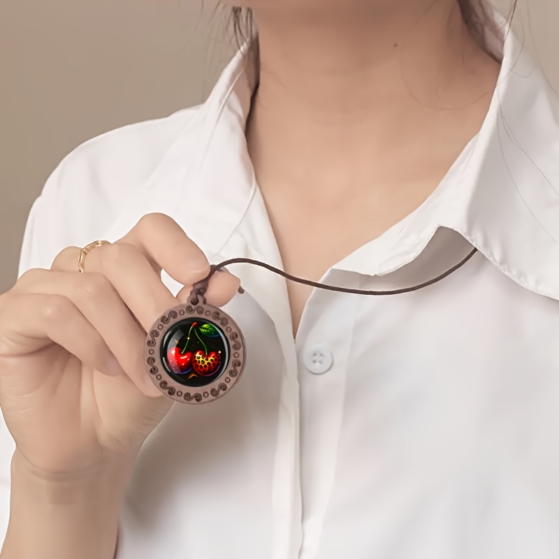 Wood Leopard Print Cherry Necklace, Minimalist Retro Pendant